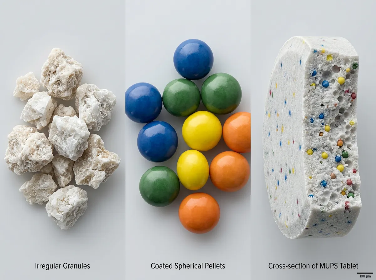 Comparison of pharmaceutical granules, spherical coated pellets, and a MUPS tablet cross-section.