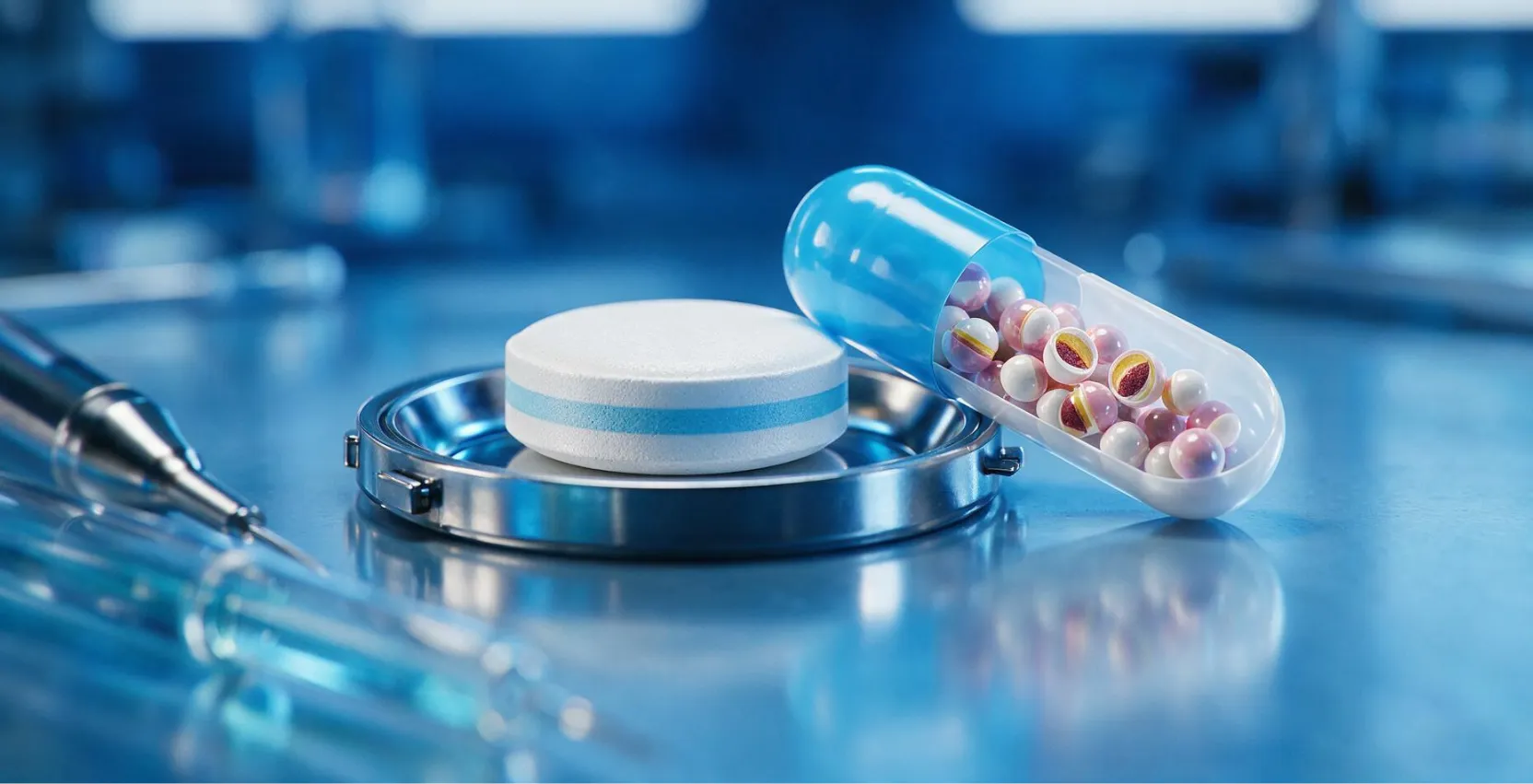 Multiparticulate drug delivery system showing pharmaceutical pellets with different coating layers for controlled and targeted drug release.