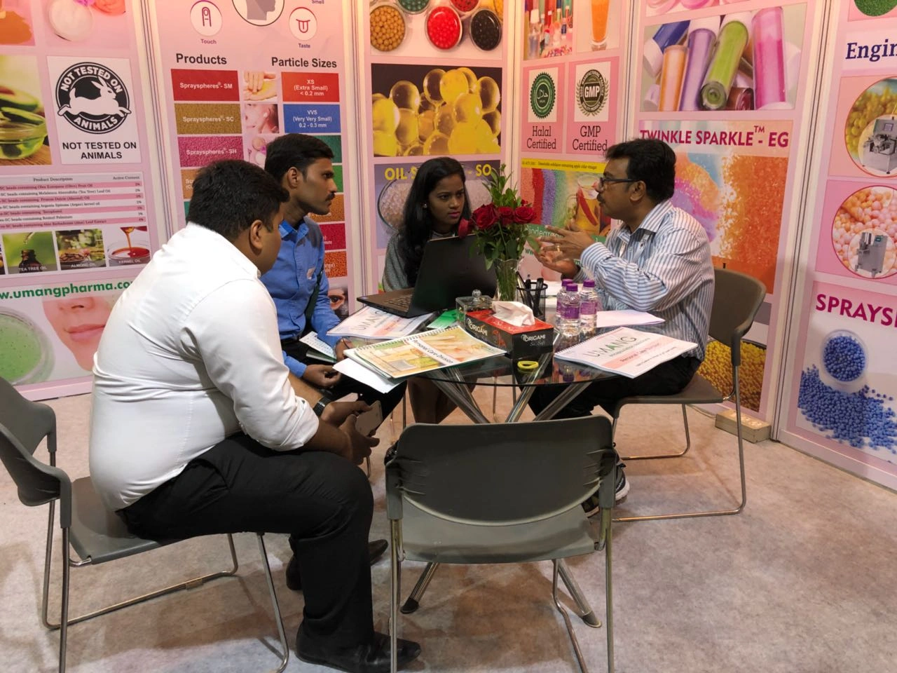 Booth display featuring innovative cosmetic formulations with active ingredients at HPCI India 2019 in Mumbai